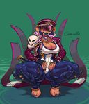  armor big_breasts breasts cleavage clothed clothing crouching female fingerless_gloves gem gloves hat jewelry looking_at_viewer mammal monkey necklace primate rubber snao solo thick_thighs thin_waist tight_clothing 