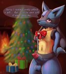  2018 animal_genitalia animal_penis anthro aroused balls black_fur blue_balls blue_fur blush bow canine canine_penis christmas christmas_tree coffeefly english_text fire fur gift half-erect holidays invalid_tag lens_flare looking_at_viewer lucario male mammal nintendo nude penis penis_tip pok&eacute;mon pok&eacute;mon_(species) red_eyes ribbons sheath smile solo standing text tree video_games yellow_fur 