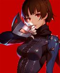  ask_(askzy) braid breasts brown_hair gloves mask mask_removed medium_breasts niijima_makoto persona persona_5 red_background red_eyes scarf solo 