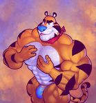  anthro bulge feline frosted_flakes hairy male mammal muscular ripped-saurian solo tiger tony_the_tiger 