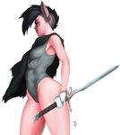  animal_humanoid black_hair clothed clothing female gloves hair humanoid jadony mammal melee_weapon mouse rodent scar solo standing sword tight_clothing undercut weapon 