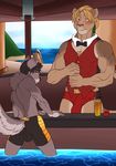  anthro balls bar bartender biceps biting_lip blonde_hair blush bow_tie bulge butt canine castbound clothed clothing cougar dog erection feline hair lion looking_back male mammal muscular neck_tuft pool_(disambiguation) tight_clothing tuft underwear water 