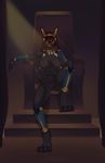  2017 anthro anubian_jackal armor black_fur breasts canine chair clothing egyptian female fur gauntlets gloves glowing glowing_eyes invalid_tag jackal looking_at_viewer mammal mostly_nude navel nipples pussy schnellentod sitting solo throne 