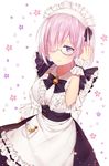  absurdres alternate_costume apron blush closed_mouth dress enmaided eyebrows_visible_through_hair fate/grand_order fate_(series) frills glasses hair_over_one_eye highres junpaku_karen light_particles lips looking_at_viewer maid maid_apron maid_headdress mash_kyrielight puffy_sleeves purple_eyes purple_hair ribbon short_hair short_sleeves solo waist_apron white_background wrist_cuffs 