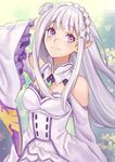  blush braids dress emilia_(re:zero) grey_hair long_hair smile violet_eyes 