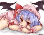  96mikuma artist_name bat_wings blue_hair blush dress hat hat_ribbon looking_at_viewer lying mob_cap pink_dress puffy_sleeves red_eyes remilia_scarlet ribbon short_hair short_sleeves smile solo tongue tongue_out touhou white_background wings wrist_cuffs 