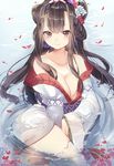  bangs breasts brown_eyes brown_hair cherry_blossoms cleavage floral_print hair_ornament highres japanese_clothes kachou_fuugetsu_(onmyoji) large_breasts long_hair looking_at_viewer onmyoji partially_submerged sash smile solo takitou wide_sleeves 
