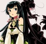  back-to-back bare_shoulders black_bow black_dress black_hair blue_eyes bow claws commentary_request dark_persona detached_sleeves dress gauntlets gothic_lolita grey_background hair_bow hair_tubes japanese_clothes kantai_collection kimono large_bow lolita_fashion long_hair looking_to_the_side mizuho_(kantai_collection) multiple_girls r-king red_eyes seaplane_tender_hime shinkaisei-kan strapless strapless_dress 