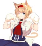  ;3 alice_margatroid animal_ears ascot bangs blonde_hair blue_dress blue_eyes breasts capelet cat_ears cat_tail closed_mouth collar commentary_request cowboy_shot dress gloves hairband highres homo_1121 kemonomimi_mode medium_breasts paw_gloves paws red_hairband sash short_hair solo tail touhou white_capelet 