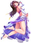  ankle_ribbon arched_back ass back bikini black_hair blue_eyes detached_sleeves feet full_body hairband high_heels highres idolmaster idolmaster_cinderella_girls long_hair looking_at_viewer looking_back music open_mouth open_toe_shoes ribbon sagisawa_fumika sakurano_yukke sandals shoes singing solo swimsuit toes 