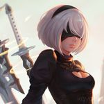  artist_name black_blindfold black_hairband blindfold breasts cleavage cleavage_cutout covered_eyes face facing_viewer hair_over_eyes hairband juliet_sleeves koyorin light lips long_sleeves medium_breasts mole mole_under_mouth nier_(series) nier_automata parted_lips pink_lips puffy_sleeves short_hair solo sword turtleneck upper_body weapon weapon_on_back white_hair yorha_no._2_type_b 