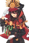  :d bangs black_hair chain cloak eyebrows_visible_through_hair family_crest fang fate_(series) gloves hand_on_headwear hat highres katana koha-ace long_hair long_sleeves looking_at_viewer military military_hat military_uniform moonlaw oda_nobunaga_(fate) oda_uri open_mouth planted_sword planted_weapon red_eyes simple_background smile solo sword uniform upper_body v-shaped_eyebrows weapon white_background white_gloves 