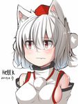  animal_ears artist_name bare_shoulders blush breasts dated detached_sleeves fang hat hell.k inubashiri_momiji looking_away lowres medium_breasts pom_pom_(clothes) red_eyes short_hair sideboob signature silver_hair simple_background solo tokin_hat touhou white_background wolf_ears 