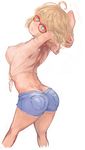  ahoge annie_brown arched_back arms_behind_head arms_up ass blonde_hair blue_eyes breasts butt_crack covered_nipples cutoffs demstouts denim denim_shorts feet_out_of_frame from_behind glasses highres looking_at_viewer looking_back medium_breasts midriff red-framed_eyewear see-through shaft_look shimoneta_to_iu_gainen_ga_sonzai_shinai_taikutsu_na_sekai shirt short_hair shorts simple_background solo standing stretch tied_shirt white_background 