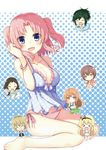  &gt;_&lt; ^_^ breasts brown_hair chibi cleavage closed_eyes glasses green_hair hair_ornament kashima_nadeshiko koga_rejini large_breasts long_hair mikakunin_de_shinkoukei mitsumine_mashiro momouchi_mayura multiple_girls oono_niko open_mouth orange_hair panties pink_hair polka_dot polka_dot_background polka_dot_panties purple_eyes revision short_hair smile suetsugi_konoha swimsuit two_side_up underwear yonomori_benio yonomori_kobeni 