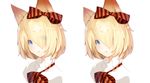  animal_ears artist_name blonde_hair blue_eyes bow bowtie brown_bow brown_neckwear closed_mouth commentary_request comparison eyebrows_visible_through_hair eyes_visible_through_hair fox_ears frilled_shirt_collar frills hair_bow hair_over_one_eye highres looking_at_viewer meth_(emethmeth) multiple_views original portrait short_hair signature simple_background sketch striped striped_bow striped_neckwear upper_body white_background 