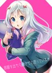  :o blue_eyes bow eromanga_sensei hair_bow highres izumi_sagiri jacket long_hair looking_at_viewer pink_bow shirako_sei silver_hair solo stylus 