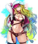  1girl arm_up armpits bare_shoulders belt bikini black_bikini black_legwear blonde_hair blue_eyes blue_hair breasts bright_pupils cabbie_hat cleavage closed_mouth collarbone commentary english_commentary goomrrat gradient_hair groin hair_between_eyes hat highres holding holding_microphone jacket large_breasts long_hair long_sleeves looking_at_viewer microphone multicolored multicolored_background multicolored_hair navel o-ring off_shoulder open_clothes open_fly open_jacket original single_thighhigh solo stomach swimsuit thigh_strap thighhighs unzipped very_long_hair white_hat white_jacket wristband 