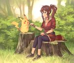  apple bad_id bad_pixiv_id baseball_cap blurry brown_hair bush cropped_jacket day depth_of_field female_protagonist_(pokemon_go) fingerless_gloves food forest fruit full_body gen_1_pokemon gloves grass hair_between_eyes hat hat_removed headwear_removed leggings long_hair looking_at_another nature okakan outdoors pikachu plant pokemon pokemon_(creature) pokemon_go ponytail red_shirt revision shirt sitting sitting_on_tree_stump smile tree tree_stump 