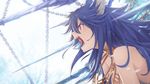 angry animal_ears bangs bare_shoulders blue_hair blurry chain chained collar depth_of_field fenrir_(shingeki_no_bahamut) flat_chest from_side granblue_fantasy hair_between_eyes jewelry long_hair looking_away motion_blur necklace open_mouth red_eyes ryuga_(balius) sharp_teeth shingeki_no_bahamut shouting slit_pupils solo spiked_hair spikes teeth upper_body white_background wolf_ears 
