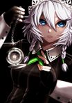  black_gloves blue_eyes blurry braid chain fingerless_gloves fixelcat gloves izayoi_sakuya koumajou_densetsu long_sleeves maid_headdress parted_lips pocket_watch shirt short_hair silver_hair solo striped striped_shirt touhou twin_braids upper_body watch 