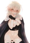  absurdres black_gloves blonde_hair breasts brown_eyes condom condom_in_mouth fate/grand_order fate_(series) gloves highres hplay jeanne_d'arc_(alter)_(fate) jeanne_d'arc_(fate)_(all) large_breasts light_smile looking_at_viewer mouth_hold navel nipples panties panty_pull pussy_juice shiny shiny_skin short_hair solo underwear white_panties 