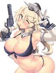  arched_back ass bare_shoulders blonde_hair blue_eyes blush breasts colt_saa detached_sleeves elbow_gloves front-tie_top gloves gun hair_between_eyes handgun hase_yu iowa_(kantai_collection) kantai_collection large_breasts leaning_forward looking_at_viewer one_eye_closed revolver shiny shiny_skin skindentation solo star star-shaped_pupils symbol-shaped_pupils thighs thong tongue tongue_out v weapon 