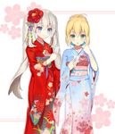  ahoge artoria_pendragon_(all) bangs blonde_hair blue_eyes blush fate/grand_order fate/stay_night fate_(series) floral_print green_eyes highres japanese_clothes kimono long_hair long_sleeves looking_down marie_antoinette_(fate/grand_order) multiple_girls obi roro_(shisi4656) saber sash silver_hair smile sweatdrop twintails very_long_hair wide_sleeves 