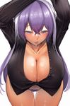  blue_eyes blush breasts cleavage highres isabelle_(shadowverse) large_breasts leaning_forward long_hair multicolored_hair panties purple_hair purple_panties saliva shadowverse simple_background solo thigh_gap tomohiro_kai tongue tongue_out two-tone_hair underwear white_background white_hair 