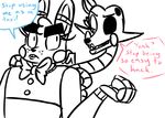  2016 animatronic anthro bow_tie buckteeth canine carrying dialogue duo english_text exposed_endoskeleton female five_nights_at_freddy&#039;s five_nights_at_freddy&#039;s_2 fox hacking inkyfrog lagomorph lipstick machine makeup male mammal mangle_(fnaf) piggyback rabbit restricted_palette robot simple_background teeth text toy_bonnie_(fnaf) video_games white_background 