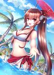  :d bad_id bad_pixiv_id bangs beach bikini breasts brown_hair cherry_blossoms cleavage cloud day dutch_angle flower hair_between_eyes hair_flower hair_intakes hair_ornament headgear hill holding holding_umbrella hut kantai_collection large_breasts long_hair looking_at_viewer mallizmora midriff navel ocean open_mouth oriental_umbrella outdoors outstretched_hand palm_tree ponytail purple_eyes red_umbrella revision sarong sidelocks sky smile solo sparkle swimsuit tree umbrella very_long_hair wading water_drop white_bikini yamato_(kantai_collection) 