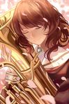  blurry brown_hair cherry_blossoms closed_eyes closed_mouth depth_of_field euphonium head_tilt hibike!_euphonium highres holding holding_instrument instrument norizc oumae_kumiko petals revision school_uniform smile solo 