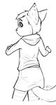  2017 alec8ter anthro black_and_white cassidy_(alec8ter) cat clothed clothing crossdressing feline half-closed_eyes hoodie inner_ear_fluff looking_at_viewer looking_back male mammal monochrome rear_view signature simple_background skirt solo white_background 