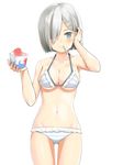  adjusting_hair armpits ass_visible_through_thighs bare_arms bare_shoulders bikini blue_eyes breasts cleavage collarbone cowboy_shot cup drinking_glass frilled_bikini frills hair_ornament hair_over_one_eye hairclip hamakaze_(kantai_collection) hand_in_hair holding holding_cup kantai_collection looking_at_viewer medium_breasts mouth_hold navel peperoncirno revision shaved_ice short_hair silver_hair simple_background smile solo spoon standing stomach striped striped_bikini swimsuit white_background 