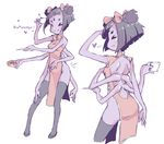  1girl back bare_back blush china_dress chinese_clothes cup doughnut english extra_arms extra_eyes female from_behind jarv monster_girl muffet plate purple_skin short_twintails simple_background smile solo spider_girl thighhighs twintails undertale white_background 
