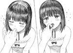  bandeau bow closed_eyes collar comic eating feeding finger_sucking food fruit greyscale monochrome navel open_mouth original out_of_frame pov pov_hands strawberry sweatdrop traditional_media yug 