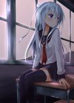  akabane_hibame bangs black_legwear black_skirt blue_eyes blue_hair blush classroom closed_mouth desk eyebrows_visible_through_hair hair_between_eyes hibiki_(kantai_collection) highres indoors kantai_collection light_frown long_hair long_sleeves looking_to_the_side morning neckerchief on_desk pleated_skirt red_neckwear school_desk school_uniform serafuku sitting sitting_on_desk skirt solo thighhighs thighs window 
