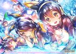  5girls ball bird_tail black_hair blue_sky blush breasts brown_eyes cleavage closed_eyes cloud cloudy_sky commentary_request day ek_masato emperor_penguin_(kemono_friends) gentoo_penguin_(kemono_friends) headphones hood hoodie humboldt_penguin_(kemono_friends) ice ice_crystal jacket kemono_friends leotard long_hair looking_at_viewer lying medium_breasts multicolored_hair multiple_girls on_back on_stomach open_mouth parted_lips playing red_eyes rockhopper_penguin_(kemono_friends) royal_penguin_(kemono_friends) short_hair sky smile snowflakes sun sunlight thighhighs twintails 