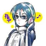  black-framed_eyewear blue_eyes blue_hair blush choujikuu_yousai_macross eighth_note glasses gloves headphones humboldt_penguin_(kemono_friends) jacket kemono_friends koyasu_dosu looking_at_viewer macross maximilian_jenius musical_note nose_blush over-rim_eyewear semi-rimless_eyewear shiny shiny_hair short_hair simple_background solo upper_body white_background zipper 