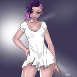  arm_at_side breasts cleavage contrapposto cowboy_shot ear_piercing hand_on_hip highres medium_breasts multicolored_hair multiple_piercings nail_polish overwatch piercing purple_eyes raised_eyebrows sketch smirk solo sombra_(overwatch) ssalsin standing thighs 
