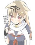  1girl bad_id black_serafuku blonde_hair blush breasts commentary_request fingerless_gloves gloves gradient_hair hair_flaps hair_ornament hair_ribbon hairclip hard_translated kantai_collection long_hair looking_at_viewer masupa_kiriu medium_breasts multicolored_hair red_eyes remodel_(kantai_collection) ribbon scarf school_uniform serafuku short_sleeves simple_background smile solo star straight_hair translated upper_body white_background white_scarf yuudachi_(kantai_collection) 