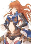 armor armpits asymmetrical_bangs bad_id bad_pixiv_id bangs beatrix_(granblue_fantasy) belt belt_buckle black_armor black_shorts blue_cape blue_footwear boots breasts brown_belt buckle cape cleavage closed_mouth cowboy_shot crop_top floating_hair gauntlets granblue_fantasy hair_ornament hands_on_hips high_collar high_ponytail long_hair looking_at_viewer medium_breasts navel orange_eyes orange_hair petals red_legwear ryuga_(balius) shiny shiny_clothes shiny_hair short_shorts shorts simple_background smile solo standing thigh_boots thighhighs turtleneck waist_cape white_background wide_sleeves 