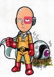  1boy 2015 bald bodysuit boots cape crossover dragon_ball dragonball_z full_body gloves one-punch_man outdoors red_boots red_gloves saitama_(one-punch_man) saiyan scouter simple_background spacecraft standing white_background 