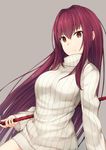  bangs breasts brown_background brown_eyes closed_mouth commentary_request fate/grand_order fate_(series) gae_bolg grey_background grey_sweater hair_intakes hiraba_6018 holding holding_weapon large_breasts long_hair looking_at_viewer polearm purple_hair ribbed_sweater scathach_(fate)_(all) scathach_(fate/grand_order) sidelocks simple_background solo spear sweater turtleneck turtleneck_sweater upper_body weapon 