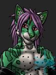  2017 anthro clothing digital_media_(artwork) feline frostwyrm102 fur gloves green_fur hair jasper_bellamy male mammal margay purple_hair red_eyes simple_background 
