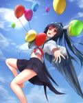  akabane_hibame balloon bangs barefoot black_hair black_skirt black_wings blue_sky cloud cloudy_sky commentary_request crop_top crop_top_overhang day eyebrows_visible_through_hair flying foreshortening from_side hair_between_eyes head_wings highlights highres knee_up long_hair looking_at_viewer midriff multicolored_hair navel open_mouth original outdoors outstretched_arm pleated_skirt red_eyes red_hair school_uniform serafuku short_sleeves skirt sky smile solo twintails two-tone_hair wings 