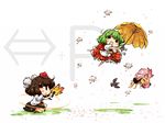  ascot bird black_hair blonde_hair chibi crow fan gameplay_mechanics green_hair guile hat hauchiwa kazami_yuuka lily_white multiple_girls okome_(kome_kuma) parasol parody petals plaid plaid_skirt plaid_vest revision seed shameimaru_aya skirt skirt_set solid_circle_eyes sonic_boom special_moves street_fighter street_fighter_ii_(series) tokin_hat touhou umbrella vest white_background wind 