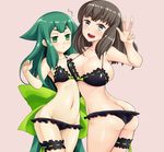  2girls :&lt; :d arm_up ass asymmetrical_docking bad_anatomy bare_shoulders bikini black_bikini breast_envy breast_press breasts brown_eyes brown_hair butt_crack cosplay cowboy_shot eyebrows frilled_bikini frills gatchaman_crowds green_eyes groin hai_ookami highres ichinose_hajime large_breasts leg_garter long_hair looking_at_another looking_at_viewer lowleg lowleg_bikini multiple_girls navel open_mouth revision sidelocks simple_background smile standing swimsuit twisted_torso undersized_clothes utsutsu utsutsu_(cosplay) very_long_hair w 