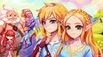  bird blonde_hair blue_eyes blush earrings field fins fish_girl goron hair_ornament jewelry link long_hair looking_at_viewer mipha monster_girl multicolored multicolored_skin necklace no_eyebrows onisuu pointy_ears ponytail princess_zelda red_hair red_skin smile the_legend_of_zelda the_legend_of_zelda:_breath_of_the_wild white_hair white_skin yellow_eyes zora 