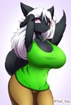  big_breasts black_fur breasts canine cleavage clothed clothing female fur hair heterochromia huge_breasts looking_at_viewer mammal pants shirt solo tailzkim thick_thighs voluptuous white_hair wide_hips wolf 